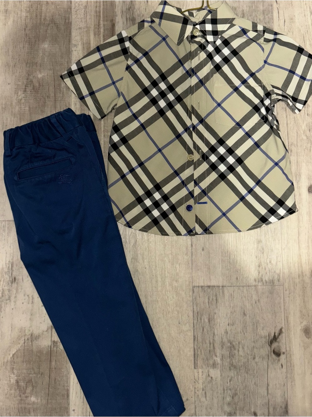 Burberry Beige Plaid Short Sleeve Shirt & Blue Pants Kids Matching Set